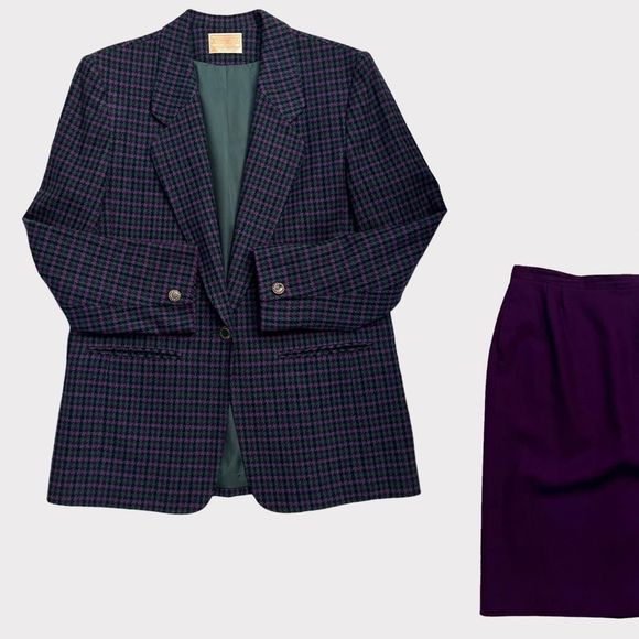 Vintage 80s Pendleton Skirt Suit 12 Houndstooth Blazer 2 Piece Set Purple Green - Picture 1 of 14